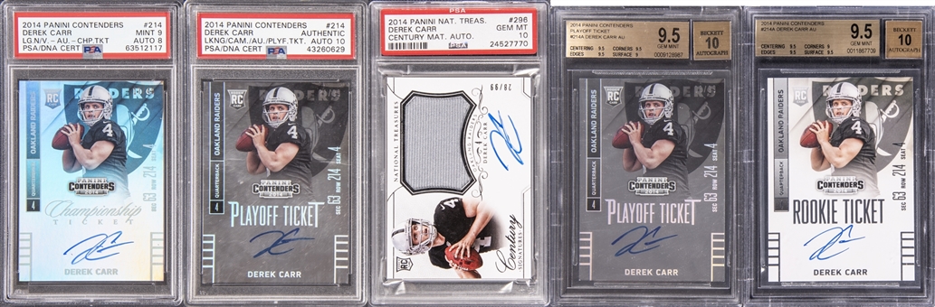 2014 Panini Derek Carr PSA/BGS-Graded Signed Rookie Cards Quintet (5) – Including Two GEM MINT Serial-Numbered Examples!